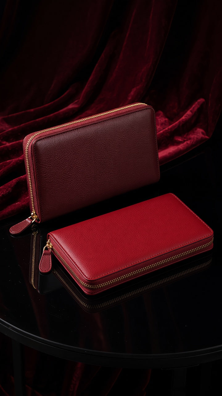 Two leather zip-around wallets in deep red tones, one dark burgundy and one brighter red, displayed on a glossy black surface with draped red velvet in the background.