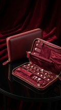 A burgundy leather and velvet jewelry organizer case, shown closed and open on a glossy black table against a dark red draped fabric background. The open case displays rings, bracelets, and other jewelry inside.