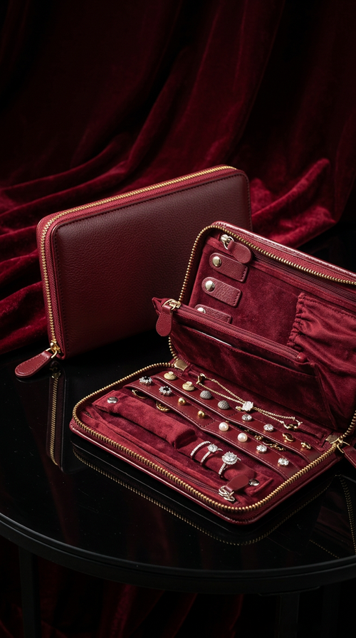 A burgundy leather and velvet jewelry organizer case, shown closed and open on a glossy black table against a dark red draped fabric background. The open case displays rings, bracelets, and other jewelry inside.